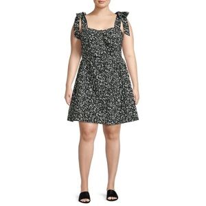Terra & Sky Plus Size Black and White Floral Button Front Tie Strap Dress (2X)